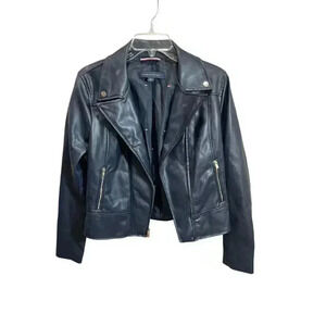 Tommy Hilfiger Women's Small Faux-Leather Moto Biker Jacket Dark Blue